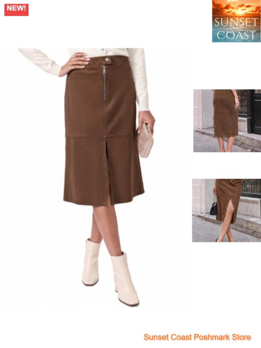 Faux Suede Midi Skirt High Waist A Line Slit